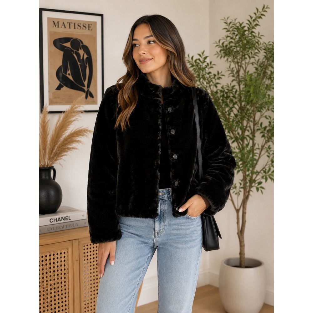 Black Faux Fur Plush Jacket Y2K Mob Wife Glam Coat Size M